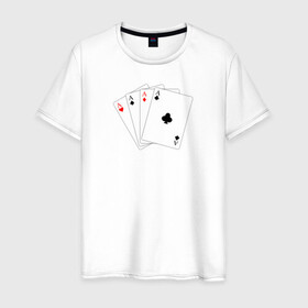 Мужская футболка хлопок с принтом Четыре карты в Петрозаводске, 100% хлопок | прямой крой, круглый вырез горловины, длина до линии бедер, слегка спущенное плечо. | буби | игральные карты | иллюстрация | каре | туз | черви