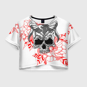 Женская футболка Crop-top 3D с принтом Череп с рогами в Петрозаводске, 100% полиэстер | круглая горловина, длина футболки до линии талии, рукава с отворотами | рога | розы | сатана | цветы | череп | черепок