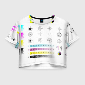 Женская футболка Crop-top 3D с принтом CMYK в Петрозаводске, 100% полиэстер | круглая горловина, длина футболки до линии талии, рукава с отворотами | rgb | печать | подарок дизайнеру | полиграфия | помехи | принтер | тест