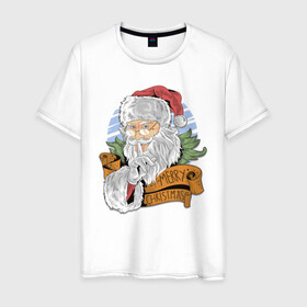 Мужская футболка хлопок с принтом Merry Christmas в Петрозаводске, 100% хлопок | прямой крой, круглый вырез горловины, длина до линии бедер, слегка спущенное плечо. | cанта | дед мороз | иллюстрация | рождество | сочельник