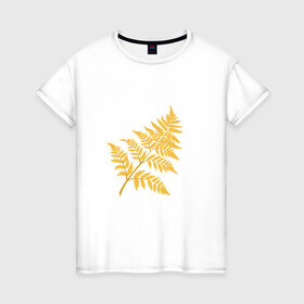 Женская футболка хлопок с принтом Жёлтый папоротник в Петрозаводске, 100% хлопок | прямой крой, круглый вырез горловины, длина до линии бедер, слегка спущенное плечо | ветка | желтый | лес | листик | папоротник | природа | растение