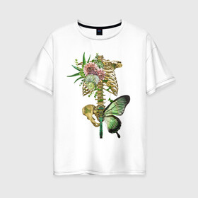Женская футболка хлопок Oversize с принтом Внутренний мир в Петрозаводске, 100% хлопок | свободный крой, круглый ворот, спущенный рукав, длина до линии бедер
 | art | бабочка | иллюстрация | скелет | цветы