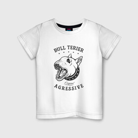 Детская футболка хлопок с принтом Агрессивный бультерьер в Петрозаводске, 100% хлопок | круглый вырез горловины, полуприлегающий силуэт, длина до линии бедер | cute | dog | woof | гав | забавный | кости | пес | собака