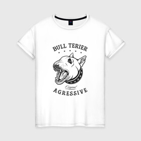 Женская футболка хлопок с принтом Агрессивный бультерьер в Петрозаводске, 100% хлопок | прямой крой, круглый вырез горловины, длина до линии бедер, слегка спущенное плечо | cute | dog | woof | гав | забавный | кости | пес | собака