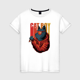 Женская футболка хлопок с принтом Cat boy в Петрозаводске, 100% хлопок | прямой крой, круглый вырез горловины, длина до линии бедер, слегка спущенное плечо | cat | kitten | блатной | в наушниках | кот | котенок | котик | кошачьи | кошка