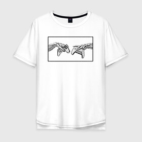 Мужская футболка хлопок Oversize с принтом Сотворение Геймеров в Петрозаводске, 100% хлопок | свободный крой, круглый ворот, “спинка” длиннее передней части | ps | xbox | джостик | консоли | руки