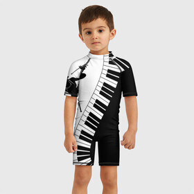 Детский купальный костюм 3D с принтом Черно Белое пианино  в Петрозаводске, Полиэстер 85%, Спандекс 15% | застежка на молнии на спине | барабаны | музыка | пианино | черно белое