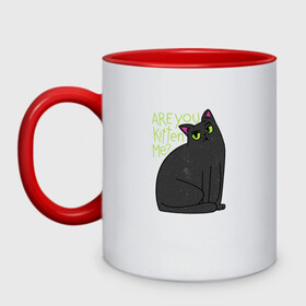 Кружка двухцветная с принтом Are you kitten me | Чёрный кот в Петрозаводске, керамика | объем — 330 мл, диаметр — 80 мм. Цветная ручка и кайма сверху, в некоторых цветах — вся внутренняя часть | big eyes | black cat | fear | funny cat | joking | kitten | kitty | игра слов | испуг | киса | кот с большими глазами | котёнок | котик | котики | кошка | кошки | милый котик | не шути со мной | прикол | рисунок | тёмный кот