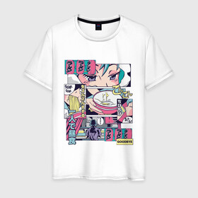 Мужская футболка хлопок с принтом Vaporwave Anime Ramen Shop в Петрозаводске, 100% хлопок | прямой крой, круглый вырез горловины, длина до линии бедер, слегка спущенное плечо. | anime fan | art | japan | japanese | manga character | tokyo | анимация | анимешник | арт | кафе | комикс | комиксы | магазин | манга | отрисовка | паровая волна | пародия | персонаж аниме | прикол | рамен