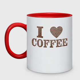 Кружка двухцветная с принтом Я люблю кофе в Петрозаводске, керамика | объем — 330 мл, диаметр — 80 мм. Цветная ручка и кайма сверху, в некоторых цветах — вся внутренняя часть | Тематика изображения на принте: coffee | кофе | кофейные зёрна | любовь | сердце