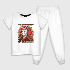 Детская пижама хлопок с принтом Японский кот самурай в Петрозаводске, 100% хлопок |  брюки и футболка прямого кроя, без карманов, на брюках мягкая резинка на поясе и по низу штанин
 | Тематика изображения на принте: art | cat | cyberpunk samurai | ninja | oni | ronin | samurai | shogun | yakuza | арт | воин | воитель | киберпанк самурай | кошка | мерч | прикол | путь воина | путь война | ронин | сёгун | сепукку | токио | харакири | черный самурай