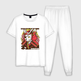 Мужская пижама хлопок с принтом Японский кот самурай в Петрозаводске, 100% хлопок | брюки и футболка прямого кроя, без карманов, на брюках мягкая резинка на поясе и по низу штанин
 | Тематика изображения на принте: art | cat | cyberpunk samurai | ninja | oni | ronin | samurai | shogun | yakuza | арт | воин | воитель | киберпанк самурай | кошка | мерч | прикол | путь воина | путь война | ронин | сёгун | сепукку | токио | харакири | черный самурай
