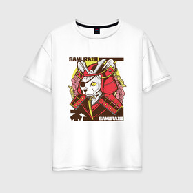 Женская футболка хлопок Oversize с принтом Японский кот самурай в Петрозаводске, 100% хлопок | свободный крой, круглый ворот, спущенный рукав, длина до линии бедер
 | art | cat | cyberpunk samurai | ninja | oni | ronin | samurai | shogun | yakuza | арт | воин | воитель | киберпанк самурай | кошка | мерч | прикол | путь воина | путь война | ронин | сёгун | сепукку | токио | харакири | черный самурай