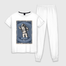 Женская пижама хлопок с принтом First In Space в Петрозаводске, 100% хлопок | брюки и футболка прямого кроя, без карманов, на брюках мягкая резинка на поясе и по низу штанин | art | first | астронавт | галактика | иллюстрация