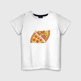 Детская футболка хлопок с принтом Два кусочка пиццы  в Петрозаводске, 100% хлопок | круглый вырез горловины, полуприлегающий силуэт, длина до линии бедер | Тематика изображения на принте: chees | cheesy | fast food | fastfood | food | love | margarita | pepperoni | pizza | pizza lover | pizza margherita | slice | two pizza slices | базилик | колбаса | колбаска | люблю пиццу | любовь | маргарита | овощи | пепперони | помидоры | сыр | тянущи