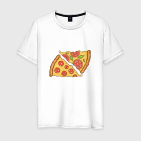 Мужская футболка хлопок с принтом Два кусочка пиццы  в Петрозаводске, 100% хлопок | прямой крой, круглый вырез горловины, длина до линии бедер, слегка спущенное плечо. | chees | cheesy | fast food | fastfood | food | love | margarita | pepperoni | pizza | pizza lover | pizza margherita | slice | two pizza slices | базилик | колбаса | колбаска | люблю пиццу | любовь | маргарита | овощи | пепперони | помидоры | сыр | тянущи