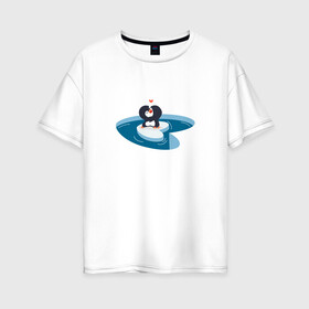 Женская футболка хлопок Oversize с принтом Пингвины любовь в Петрозаводске, 100% хлопок | свободный крой, круглый ворот, спущенный рукав, длина до линии бедер
 | penguin | любовь | пингвин | пингвины | птица