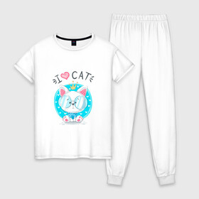 Женская пижама хлопок с принтом Я люблю кота в Петрозаводске, 100% хлопок | брюки и футболка прямого кроя, без карманов, на брюках мягкая резинка на поясе и по низу штанин | cat | kawaii | kitten | kitty | блатной | кот | котенок | котик | кошачьи | кошка | милый