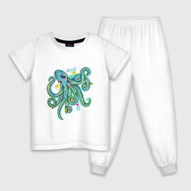 Детская пижама хлопок с принтом Осьминог в Петрозаводске, 100% хлопок |  брюки и футболка прямого кроя, без карманов, на брюках мягкая резинка на поясе и по низу штанин
 | Тематика изображения на принте: акварель | бирюзовый | графика | морской | спрут | щупальца