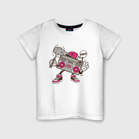 Детская футболка хлопок с принтом Магнитофон делает сэлфи в Петрозаводске, 100% хлопок | круглый вырез горловины, полуприлегающий силуэт, длина до линии бедер | peace | бумбокс | катушка | магнитофон | мир | монопод | музыка | рэп | рэпер | сэлфи