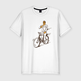 Мужская футболка хлопок Slim с принтом Велосипед и пиво в Петрозаводске, 92% хлопок, 8% лайкра | приталенный силуэт, круглый вырез ворота, длина до линии бедра, короткий рукав | без рук | вело | велосипед | велосипедист | колеса | руль | спорт