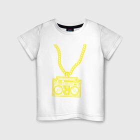 Детская футболка хлопок с принтом Золотой магнитофон на цепи в Петрозаводске, 100% хлопок | круглый вырез горловины, полуприлегающий силуэт, длина до линии бедер | бумбокс | золотая цепь | золото | магнитофон | музыка | цепь