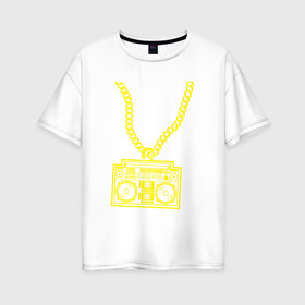 Женская футболка хлопок Oversize с принтом Золотой магнитофон на цепи в Петрозаводске, 100% хлопок | свободный крой, круглый ворот, спущенный рукав, длина до линии бедер
 | бумбокс | золотая цепь | золото | магнитофон | музыка | цепь