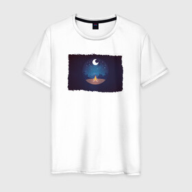 Мужская футболка хлопок с принтом Костер ночью под луной в Петрозаводске, 100% хлопок | прямой крой, круглый вырез горловины, длина до линии бедер, слегка спущенное плечо. | горы | звездное небо | костер | луна | лунная ночь | ночевка в горах | ночевка в лесу | ночь | пикник | туризм