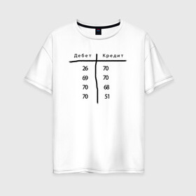 Женская футболка хлопок Oversize с принтом Дебет кредит в Петрозаводске, 100% хлопок | свободный крой, круглый ворот, спущенный рукав, длина до линии бедер
 | бухгалтер | бухгалтерия | бухгалтерский | дебет | зарплата | кредит | начисление | проводки