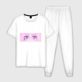 Мужская пижама хлопок с принтом Аниме глазки в Петрозаводске, 100% хлопок | брюки и футболка прямого кроя, без карманов, на брюках мягкая резинка на поясе и по низу штанин
 | kawaii | блестки | макияж | милота | розовый