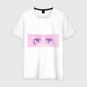 Мужская футболка хлопок с принтом Аниме глазки в Петрозаводске, 100% хлопок | прямой крой, круглый вырез горловины, длина до линии бедер, слегка спущенное плечо. | Тематика изображения на принте: kawaii | блестки | макияж | милота | розовый