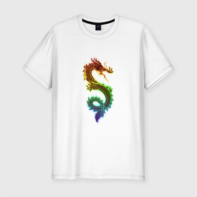 Мужская футболка хлопок Slim с принтом Дракон в Петрозаводске, 92% хлопок, 8% лайкра | приталенный силуэт, круглый вырез ворота, длина до линии бедра, короткий рукав | дракон | змей | мифический дракой | радужный дракон | разноцветное