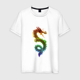 Мужская футболка хлопок с принтом Дракон в Петрозаводске, 100% хлопок | прямой крой, круглый вырез горловины, длина до линии бедер, слегка спущенное плечо. | дракон | змей | мифический дракой | радужный дракон | разноцветное