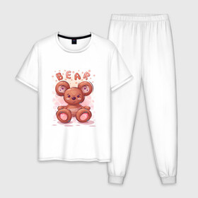 Мужская пижама хлопок с принтом Медвежонок Bear в Петрозаводске, 100% хлопок | брюки и футболка прямого кроя, без карманов, на брюках мягкая резинка на поясе и по низу штанин
 | bear | grizzly | kuma | гриззли | гризли | грозный | крутой | медведь | медвежонок | мишка