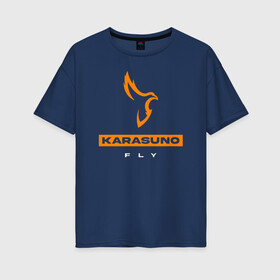 Женская футболка хлопок Oversize с принтом KARASUNO лого Haikyu!! в Петрозаводске, 100% хлопок | свободный крой, круглый ворот, спущенный рукав, длина до линии бедер
 | anime | haikyu | haikyuu | karasuno | karasuno high | manga | аниме | волейбол | волейбольный клуб | ворон | вороны | карасуно | крылья | лого | манга | надпись | перо | птица | старшая школа | хаику | хаикую