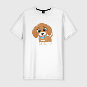 Мужская футболка хлопок Slim с принтом Собачка с бантиком в Петрозаводске, 92% хлопок, 8% лайкра | приталенный силуэт, круглый вырез ворота, длина до линии бедра, короткий рукав | cute | dog | woof | гав | забавный | пес | смешной | собака | щенок