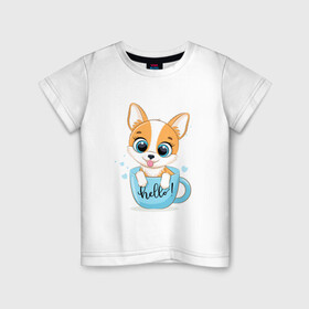 Детская футболка хлопок с принтом Собачка в кружке hello в Петрозаводске, 100% хлопок | круглый вырез горловины, полуприлегающий силуэт, длина до линии бедер | cute | dog | woof | гав | забавный | пес | смешной | собака | щенок