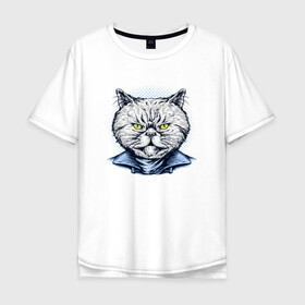 Мужская футболка хлопок Oversize с принтом Голова серьезного кота в Петрозаводске, 100% хлопок | свободный крой, круглый ворот, “спинка” длиннее передней части | cat | kawaii | kitten | kitty | pussycat | кот | котенок | котик | кошачьи | кошка | милый