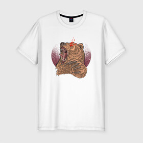 Мужская футболка хлопок Slim с принтом Злой медведь в Петрозаводске, 92% хлопок, 8% лайкра | приталенный силуэт, круглый вырез ворота, длина до линии бедра, короткий рукав | bear | grizzly | kuma | гриззли | гризли | грозный | крутой | медведь | медвежонок | мишка