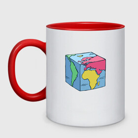 Кружка двухцветная с принтом Квадратный глобус земли в Петрозаводске, керамика | объем — 330 мл, диаметр — 80 мм. Цветная ручка и кайма сверху, в некоторых цветах — вся внутренняя часть | art | cube | cubic | earth | europe | funny | globe | globus | humor | illustration | map | south america | америка | арт | африка | евразия | европа | земля | иллюстрация | карта | континенты | кубизм | кубическая карта | планета | прикол