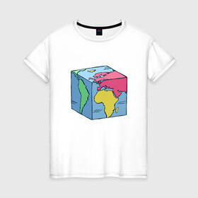 Женская футболка хлопок с принтом Квадратный глобус земли в Петрозаводске, 100% хлопок | прямой крой, круглый вырез горловины, длина до линии бедер, слегка спущенное плечо | Тематика изображения на принте: art | cube | cubic | earth | europe | funny | globe | globus | humor | illustration | map | south america | америка | арт | африка | евразия | европа | земля | иллюстрация | карта | континенты | кубизм | кубическая карта | планета | прикол