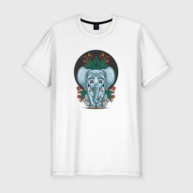 Мужская футболка хлопок Slim с принтом Слон и цветы в Петрозаводске, 92% хлопок, 8% лайкра | приталенный силуэт, круглый вырез ворота, длина до линии бедра, короткий рукав | cute | elephant | животное | милый | слон | слоненок | слоник | цветы