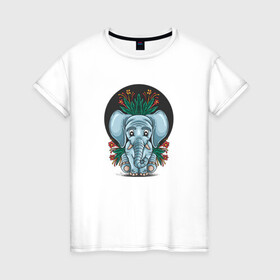 Женская футболка хлопок с принтом Слон и цветы в Петрозаводске, 100% хлопок | прямой крой, круглый вырез горловины, длина до линии бедер, слегка спущенное плечо | cute | elephant | животное | милый | слон | слоненок | слоник | цветы