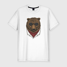 Мужская футболка хлопок Slim с принтом Крутой Медведь в очках в Петрозаводске, 92% хлопок, 8% лайкра | приталенный силуэт, круглый вырез ворота, длина до линии бедра, короткий рукав | bear | grizzly | kuma | гриззли | гризли | грозный | крутой | медведь | медвежонок | мишка