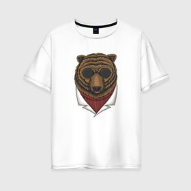 Женская футболка хлопок Oversize с принтом Крутой Медведь в очках в Петрозаводске, 100% хлопок | свободный крой, круглый ворот, спущенный рукав, длина до линии бедер
 | bear | grizzly | kuma | гриззли | гризли | грозный | крутой | медведь | медвежонок | мишка