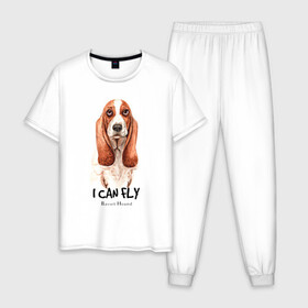 Мужская пижама хлопок с принтом я могу летать бассет-хаунд в Петрозаводске, 100% хлопок | брюки и футболка прямого кроя, без карманов, на брюках мягкая резинка на поясе и по низу штанин
 | Тематика изображения на принте: cute | dog | woof | бассет хаунд | гав | забавный | пес | смешной | собака | щенок