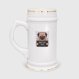 Кружка пивная с принтом Bad pug dog в Петрозаводске,  керамика (Материал выдерживает высокую температуру, стоит избегать резкого перепада температур) |  объем 630 мл | cute | dog | pug | woof | гав | забавный | мопс | пес | песель | песик | смешной | собака | собачка | щенок