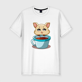 Мужская футболка хлопок Slim с принтом Котик с кружкой кофе в Петрозаводске, 92% хлопок, 8% лайкра | приталенный силуэт, круглый вырез ворота, длина до линии бедра, короткий рукав | cat | kawaii | kitten | kitty | pussycat | кот | котенок | котик | кофе | кошачьи | кошка | кружка | милый
