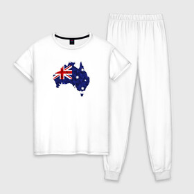 Женская пижама хлопок с принтом Австралия в Петрозаводске, 100% хлопок | брюки и футболка прямого кроя, без карманов, на брюках мягкая резинка на поясе и по низу штанин | карта | материк | мира | силуэт | страны | флаг