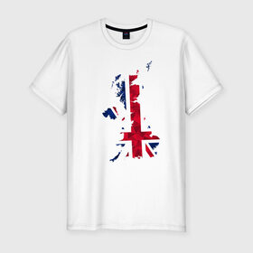 Мужская футболка хлопок Slim с принтом Великобритания в Петрозаводске, 92% хлопок, 8% лайкра | приталенный силуэт, круглый вырез ворота, длина до линии бедра, короткий рукав | карта | мира | остров | силуэт | страны | флаг
